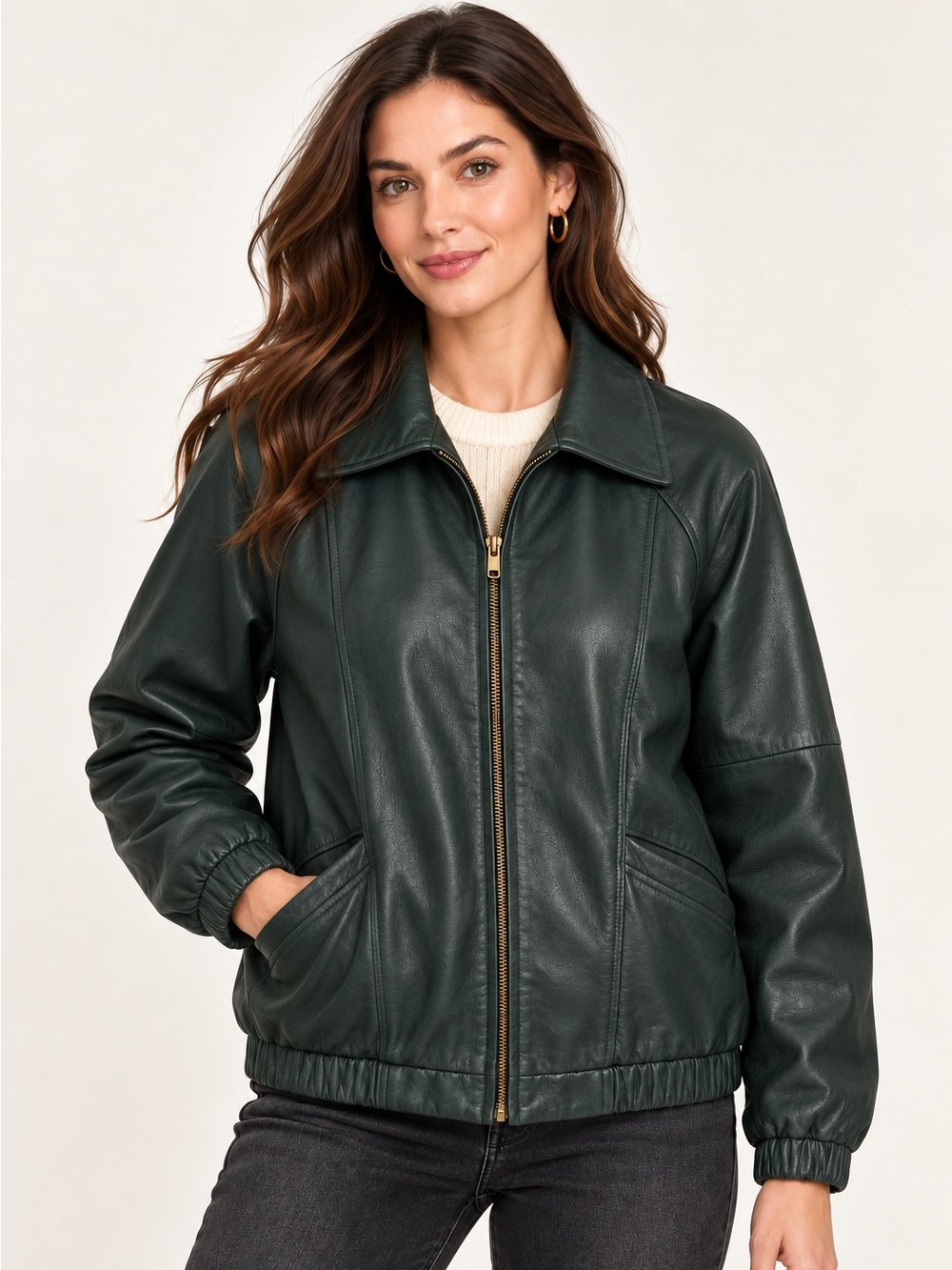 Preston & York M Green Genuine Leather Bomber Jacket Retro Aviator Zip Front